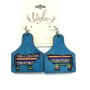 Viola Wooden Cow Cut Out Dangle Earrings Turquoise & Animal Print
